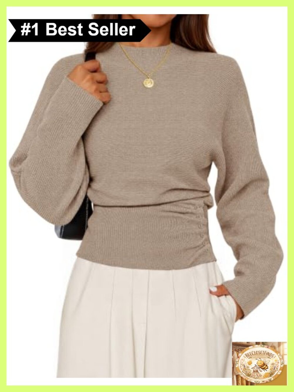 Women's Mock Neck Batwing Sleeve Cinched Waist Pullover Sweater